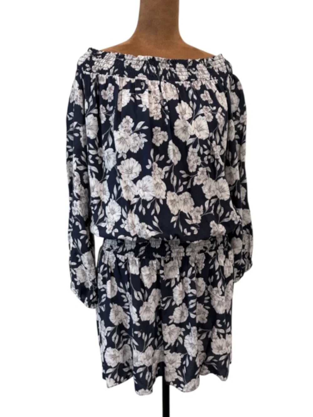 INTERMIX Emily Smocked Floral Off Shoulder Mini Dress Navy Boho Cottagecore  - M